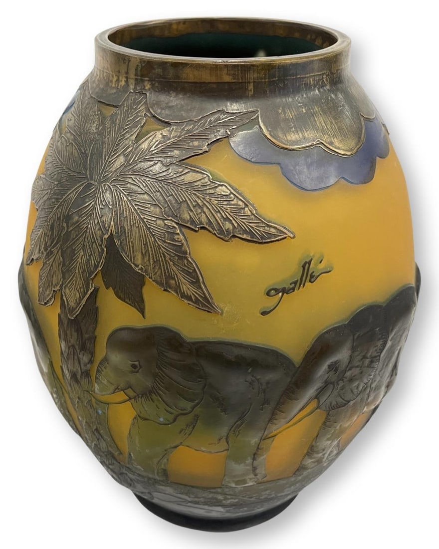 Galle Style Etched Cameo Glass Elephant Vase Mold Blown & Acid Etched Green, Brown & Blue Art (1 of 2)