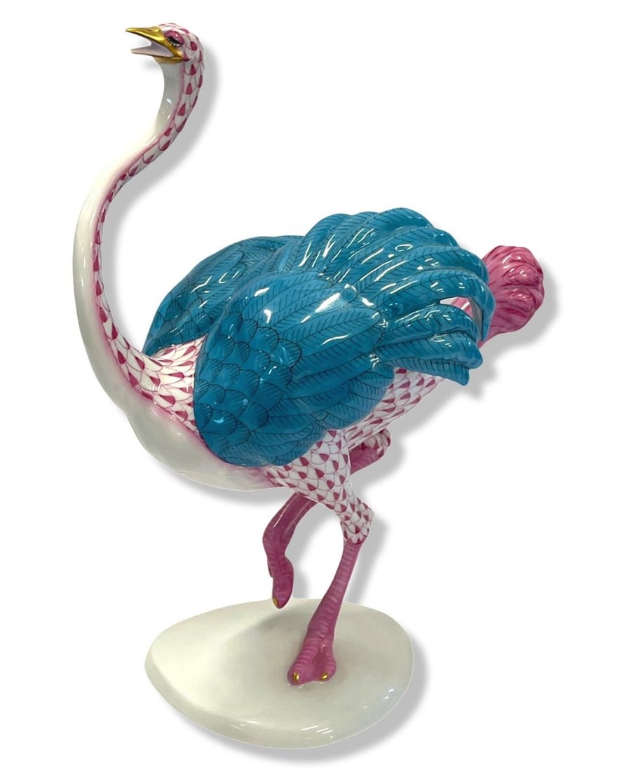 Large Herend Hungary Hand Painted Porcelain Pink Fishnet Ostrich Figure (1 of 3)