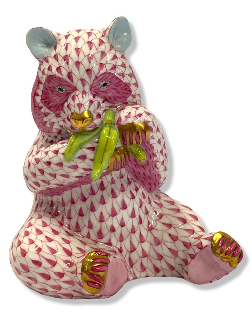 Herend Hungary Hand Painted Porcelain Pink Fishnet Panda Figurine (1 of 2)