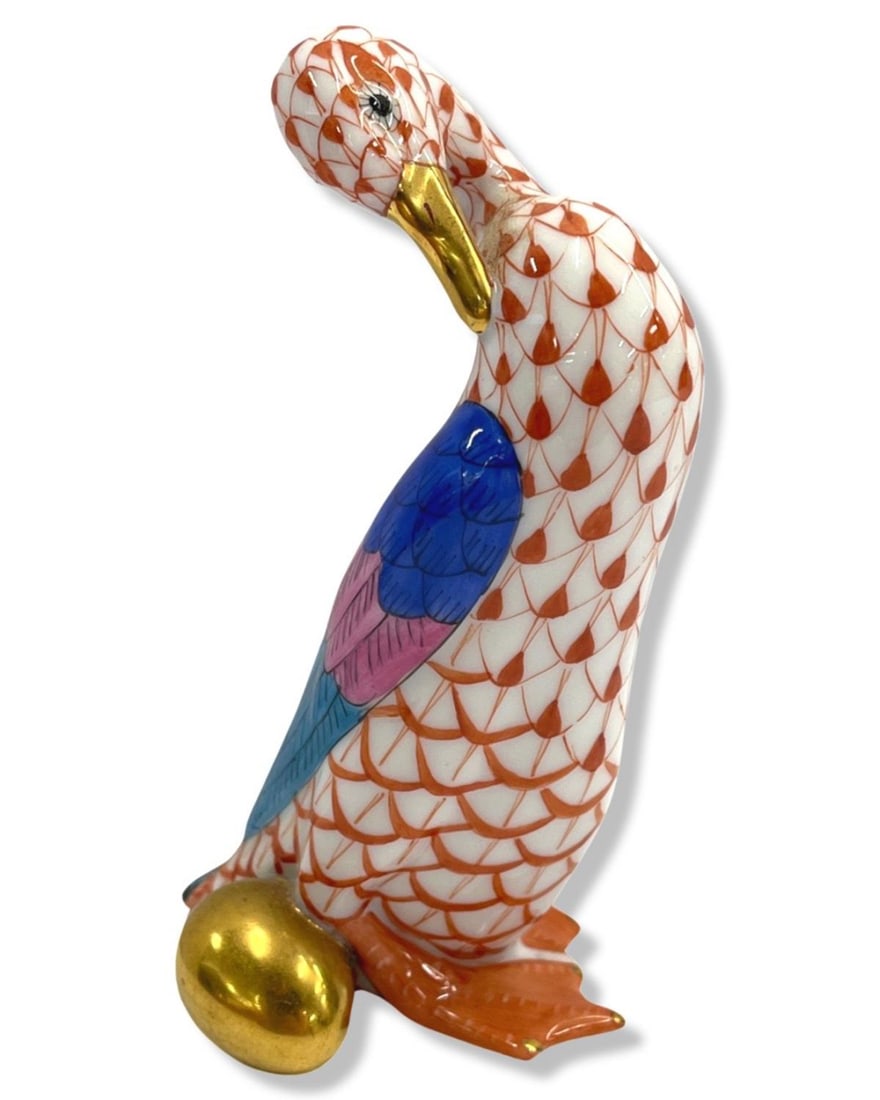 Herend Hungary Hand Painted Porcelain Fishnet Goose with Golden Egg Figure (1 of 3)