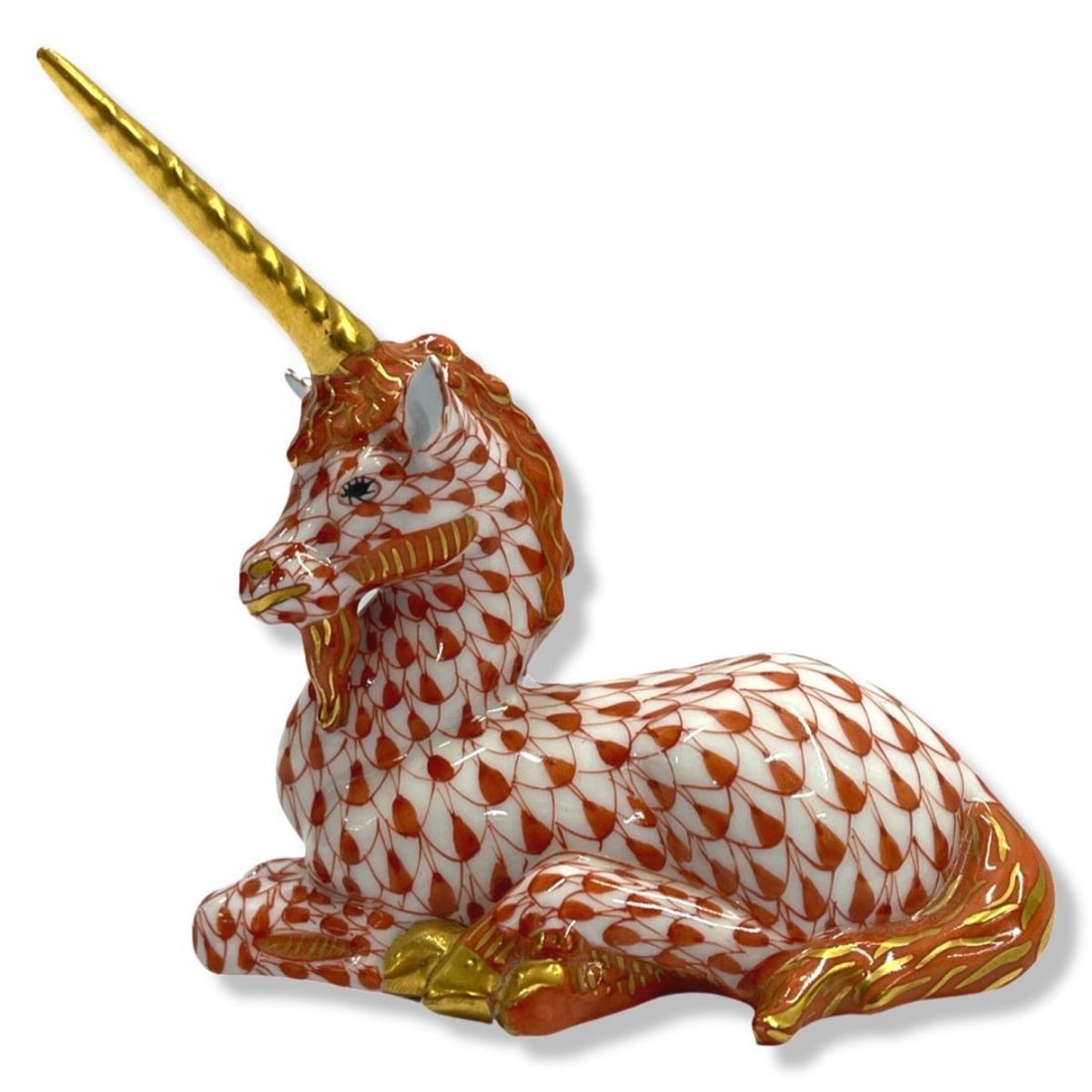 Herend Hungary Hand Painted Porcelain Fishnet Lying Unicorn Figure (1 of 2)