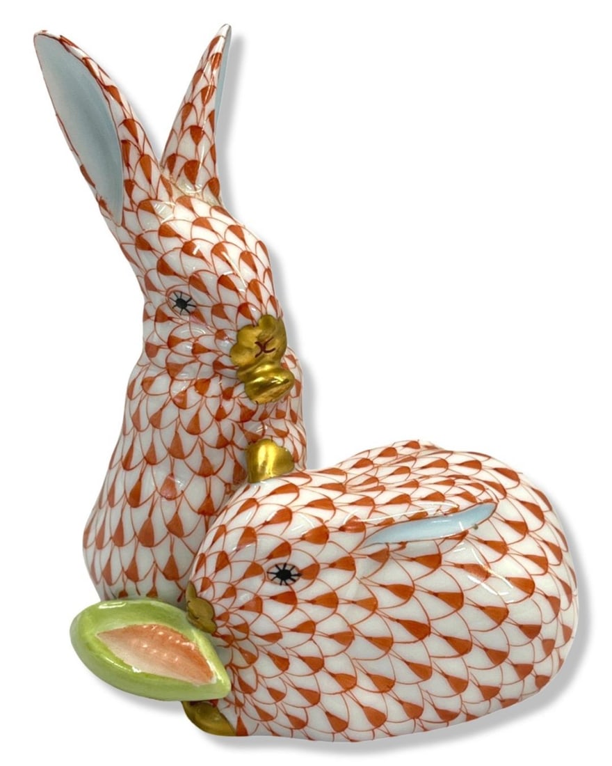 Herend Hungary Hand Painted Porcelain Fishnet Rabbit's with Corn Figurines (1 of 2)