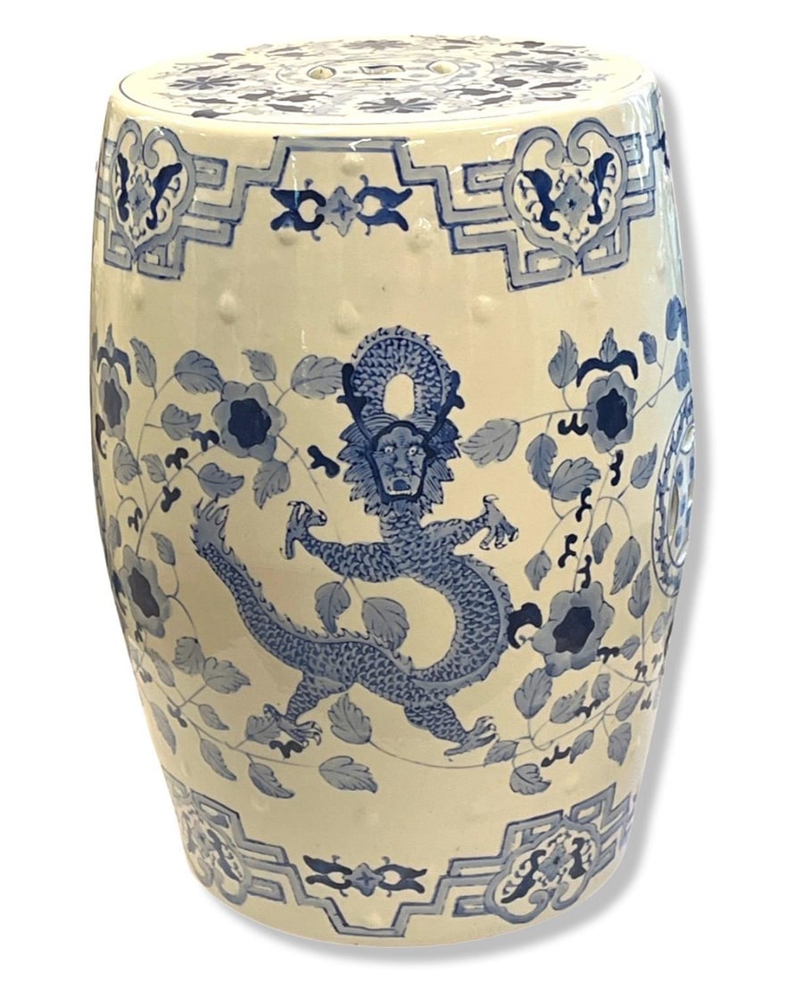 Chinese Blue & White Porcelain Stool: Chinese Blue & White Porcelain Stool measures H: 19"