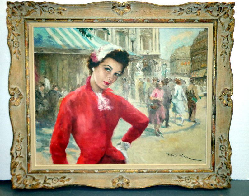 Pal Fried Oil Painting On Canvas: Pal Fried (1893-1976) oil painting on canvas depicting a lady in a red dress with a bonnett on her head with a street scene. . Signed lower left. Measures 23 1/2" height x 29 1/2" wide, 4" matte and f