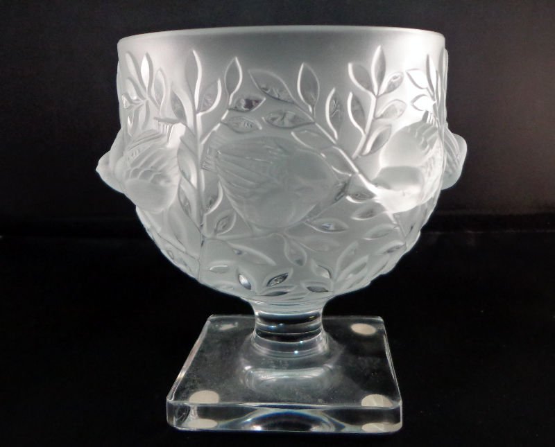 Lalique Crystal Elizabeth Footed Vase: Lalique crystal Elizabeth footed vase. Has a frosted floral top with a clear square bottom. Measures 5 1/4" high x 6" wide, 3 1/4" square base. For Domestic or International Shipping Quotes Please Fee