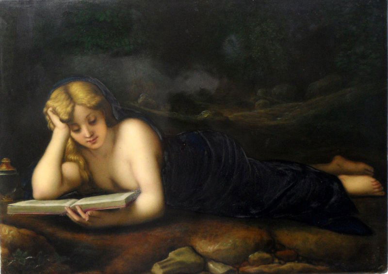 KPM Quality Plaque: KPM quality porcelain hand painted plaque of a young woman lying down on a day bed reading a book. Measures 11 5/8'' x 8 3/8'', signed Dresden on back.For Domestic or International Shipping Quotes Ple