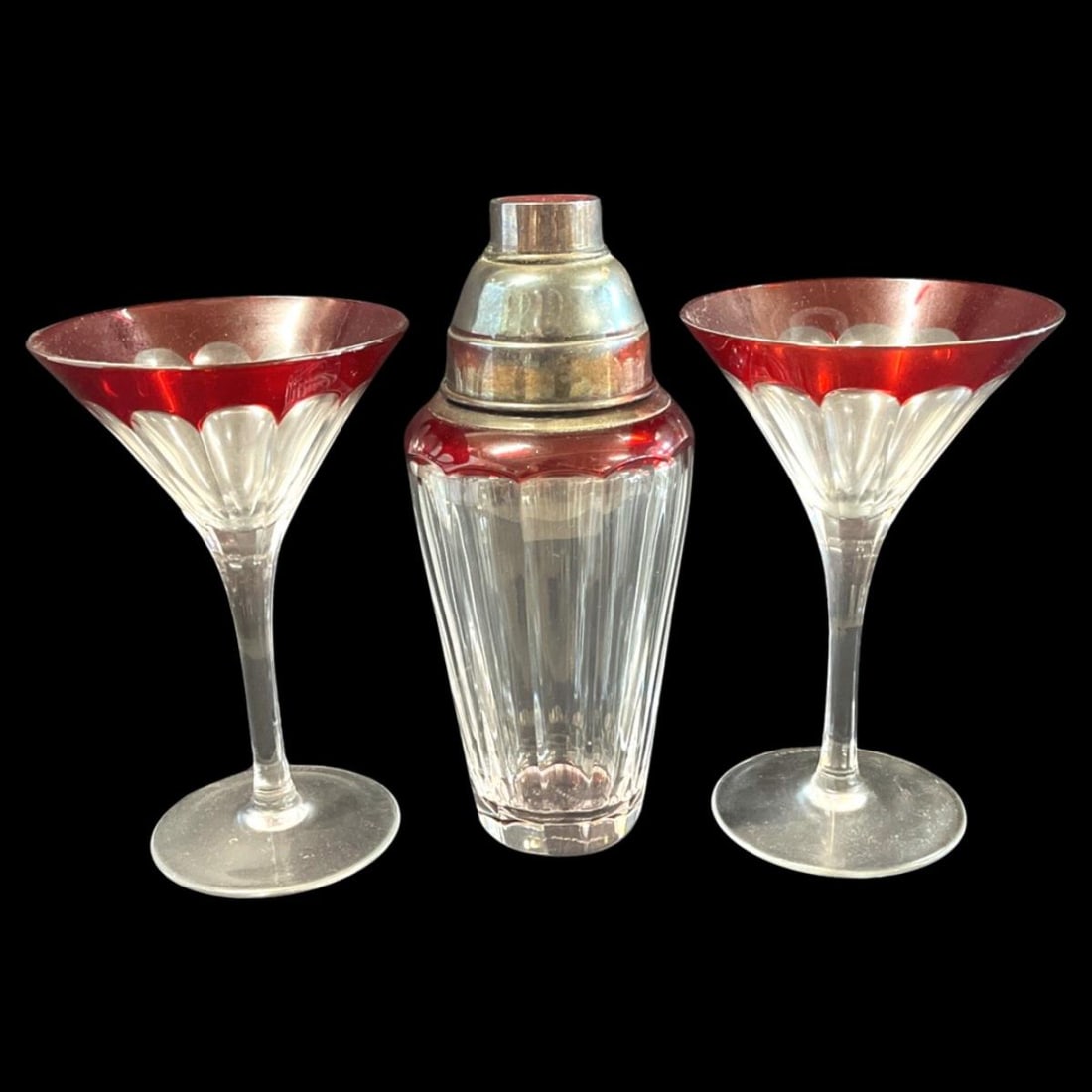 Faberge Crystal Cocktail Suite Cut Glass Cocktail Shaker with Two Stemmed Cocktail Glasses (1 of 2)