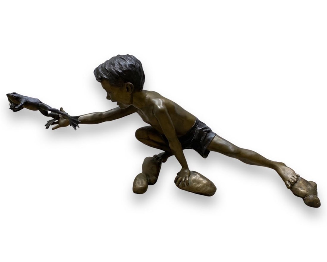 Signed Mark Hopkins (B. 1953) Bronze Sculpture Frog & Boy Mud Buddies (1 of 4)