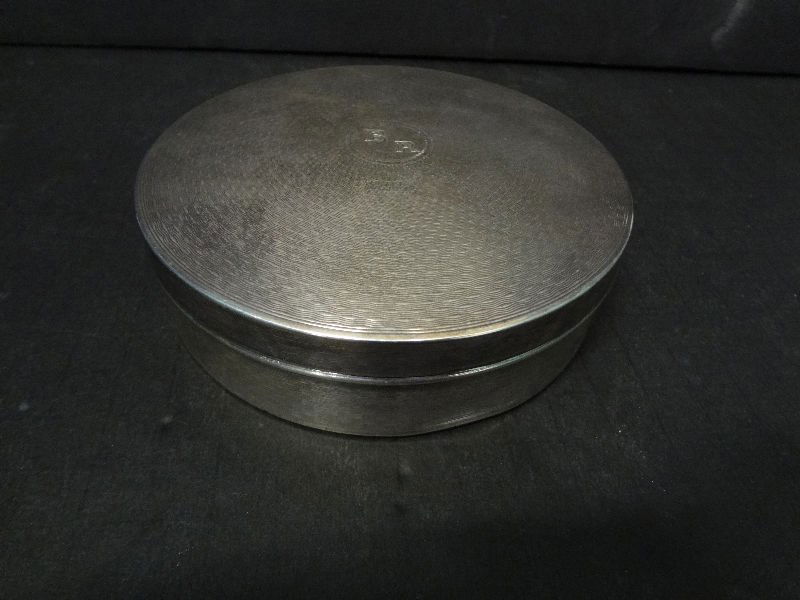 French Silver Round Covered Box: French silver round covered engraved box. Hallmarked on bottom. Weighs 7 toz. Measures 1 1/2" tall x 4 3/4" in diameter. For Domestic or International Shipping Quotes Please Feel Call Ryan or Dave at
