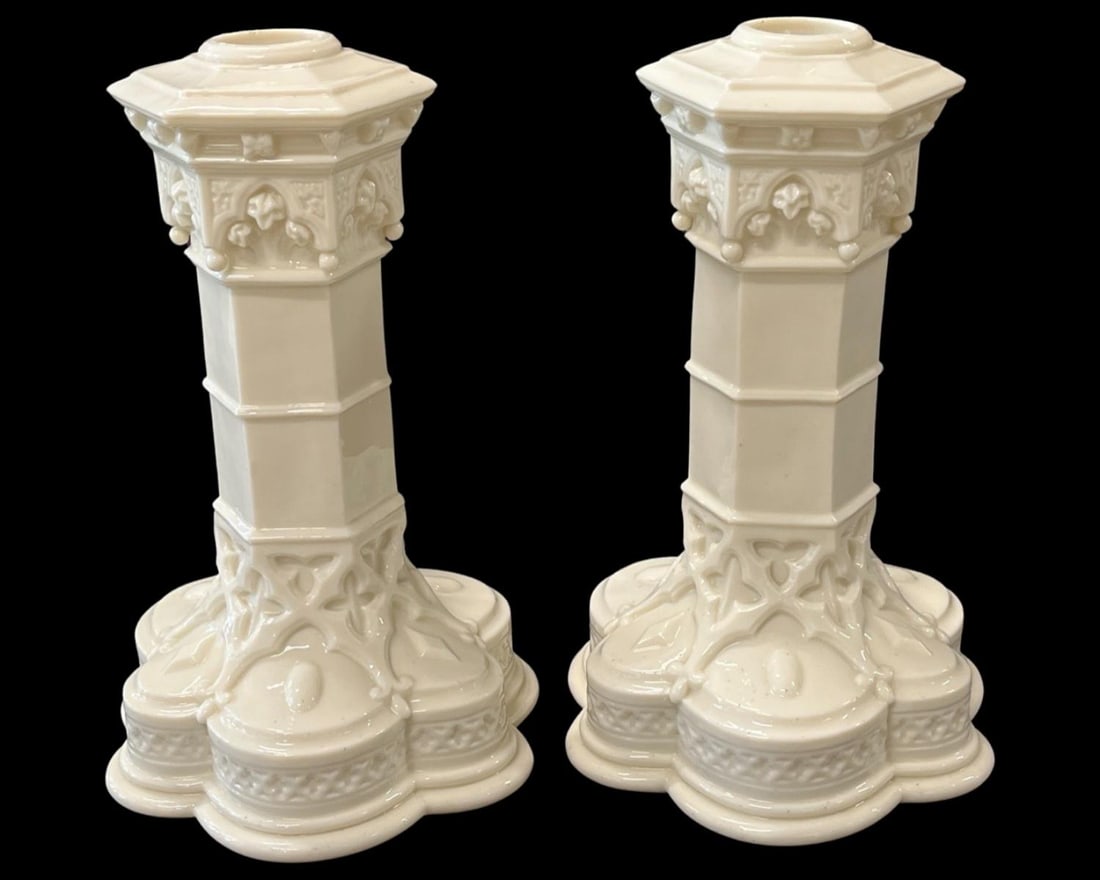 Pair of Irish Belleek Porcelain Gothic Candlesticks (1 of 3)