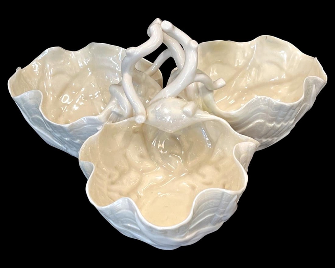 Irish Belleek Porcelain Dessert Stand Three Section Bowl of Lustred Parian Porcelain Shell Shaped (1 of 3)