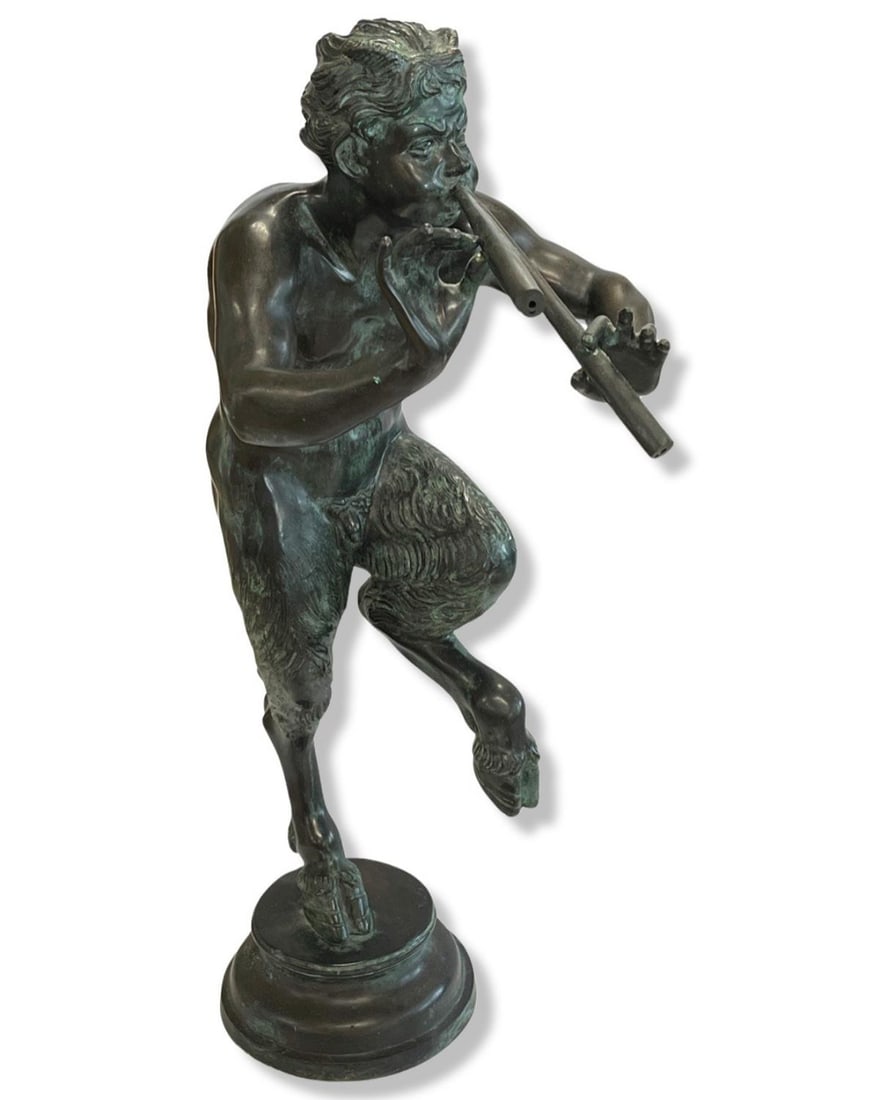 After Clodion Italian Bronze Statue of a Mythological Pan Satyr Faun with Pipes Water Fountain (1 of 2)