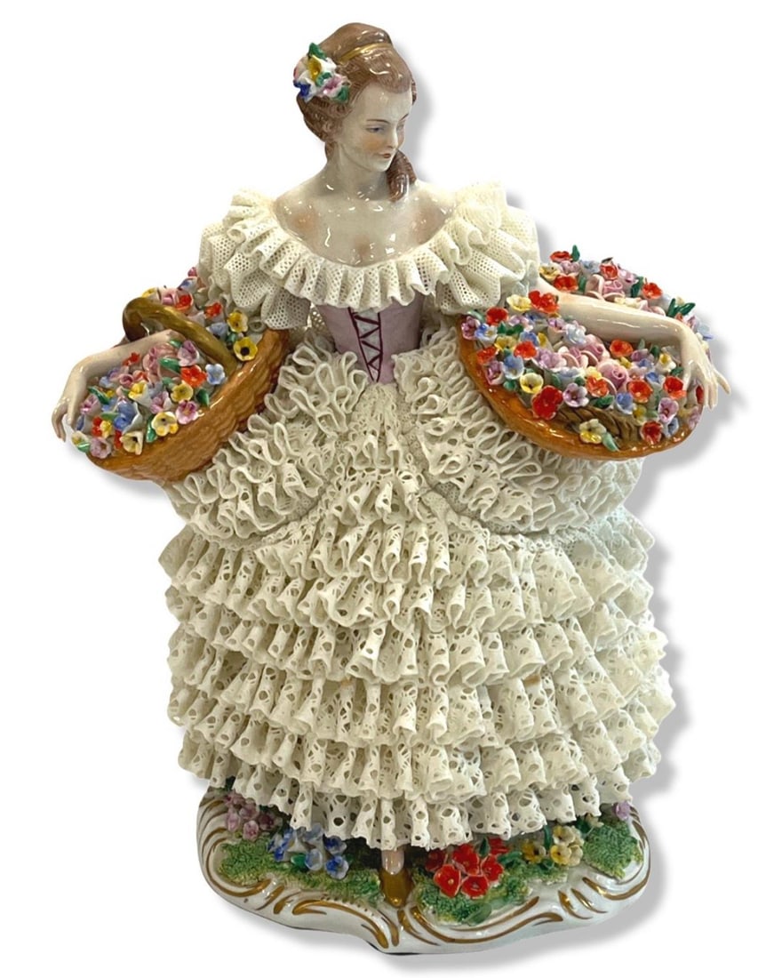 Dresden Sitzendorf Germany Hand Painted Porcelain Lace Figure Woman Carrying Large Baskets of (1 of 2)