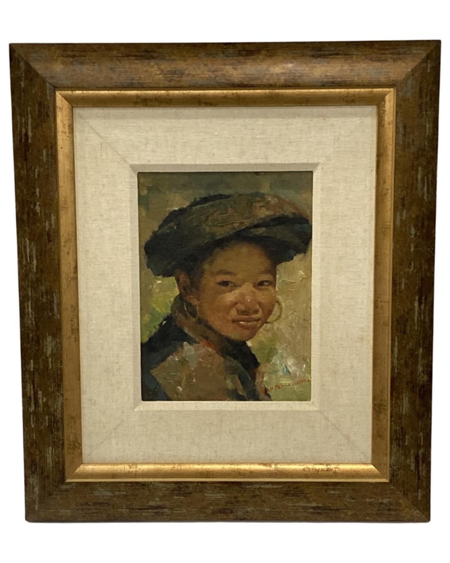 Signed Jan Peng Wang (B. 1958) Oil Painting on Board Lady Portrait (1 of 2)