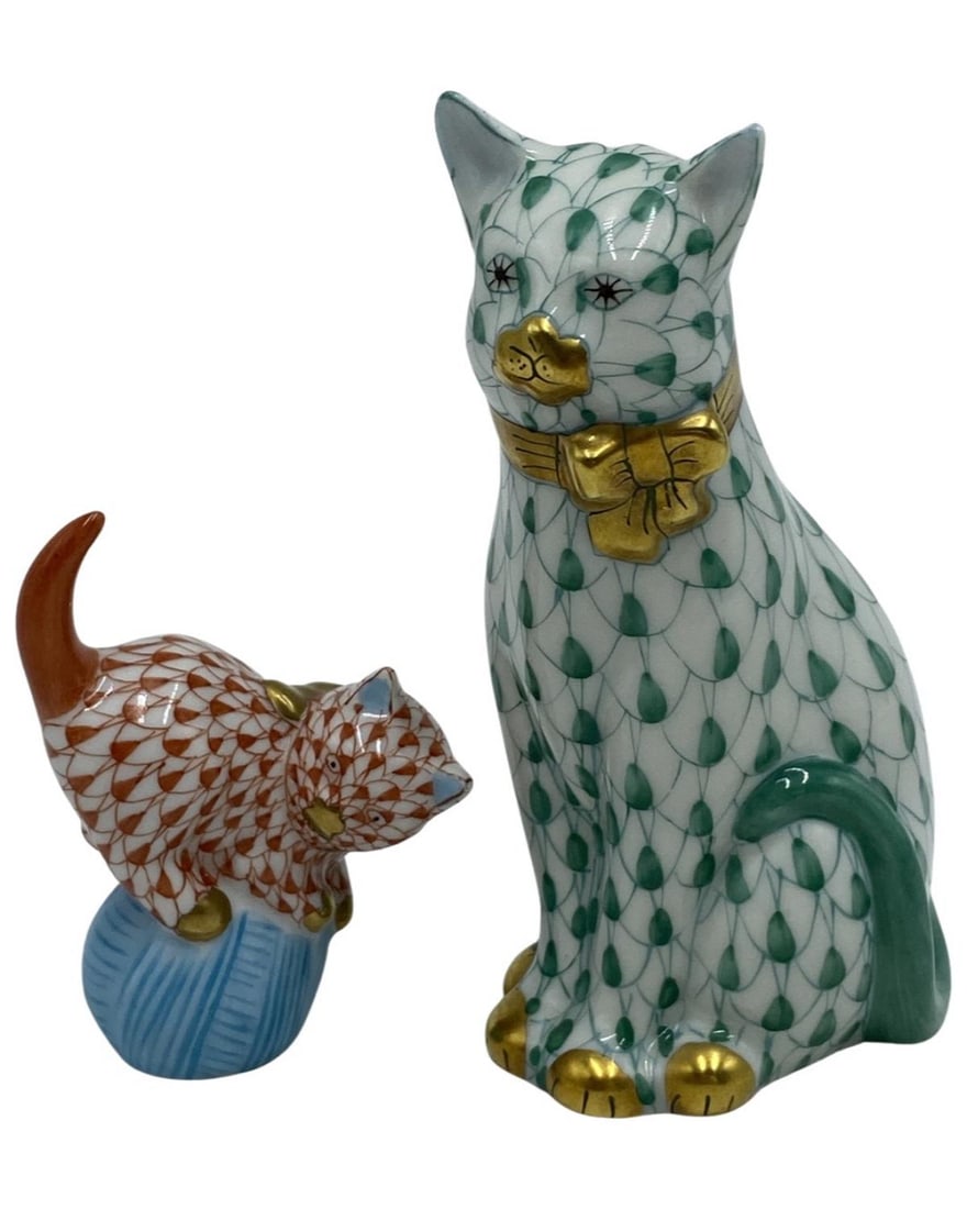 Pair of Herend Hungary Hand Painted Porcelain Figurine Cats (1 of 1)