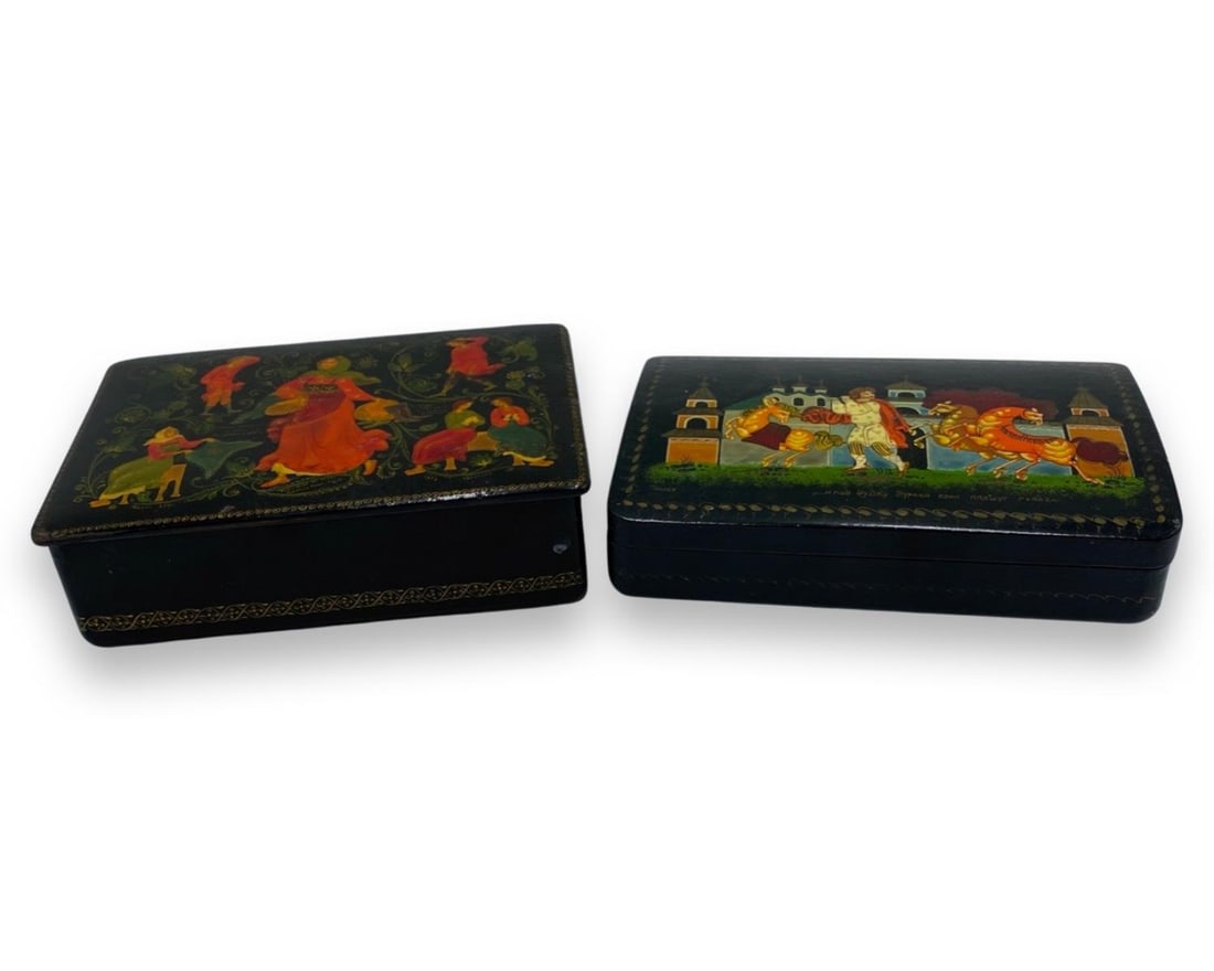 Pair of Russian Hand Painted Black Lacquer Boxes (1 of 4)