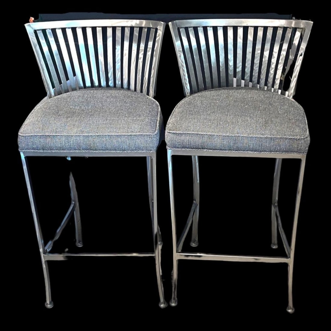 Lot of Four Mid Century Modern Gray Bar Stools with Gray Upholstery & Stainless Steel (1 of 1)