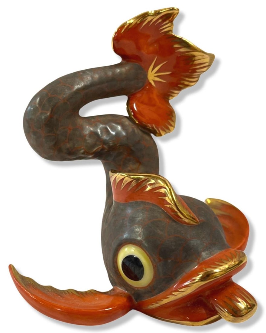 Herend Porcelain Grey & Orange Koi Fish Figure: Herend Porcelain Grey & Orange Koi Fish Figure measures 3" x 3"