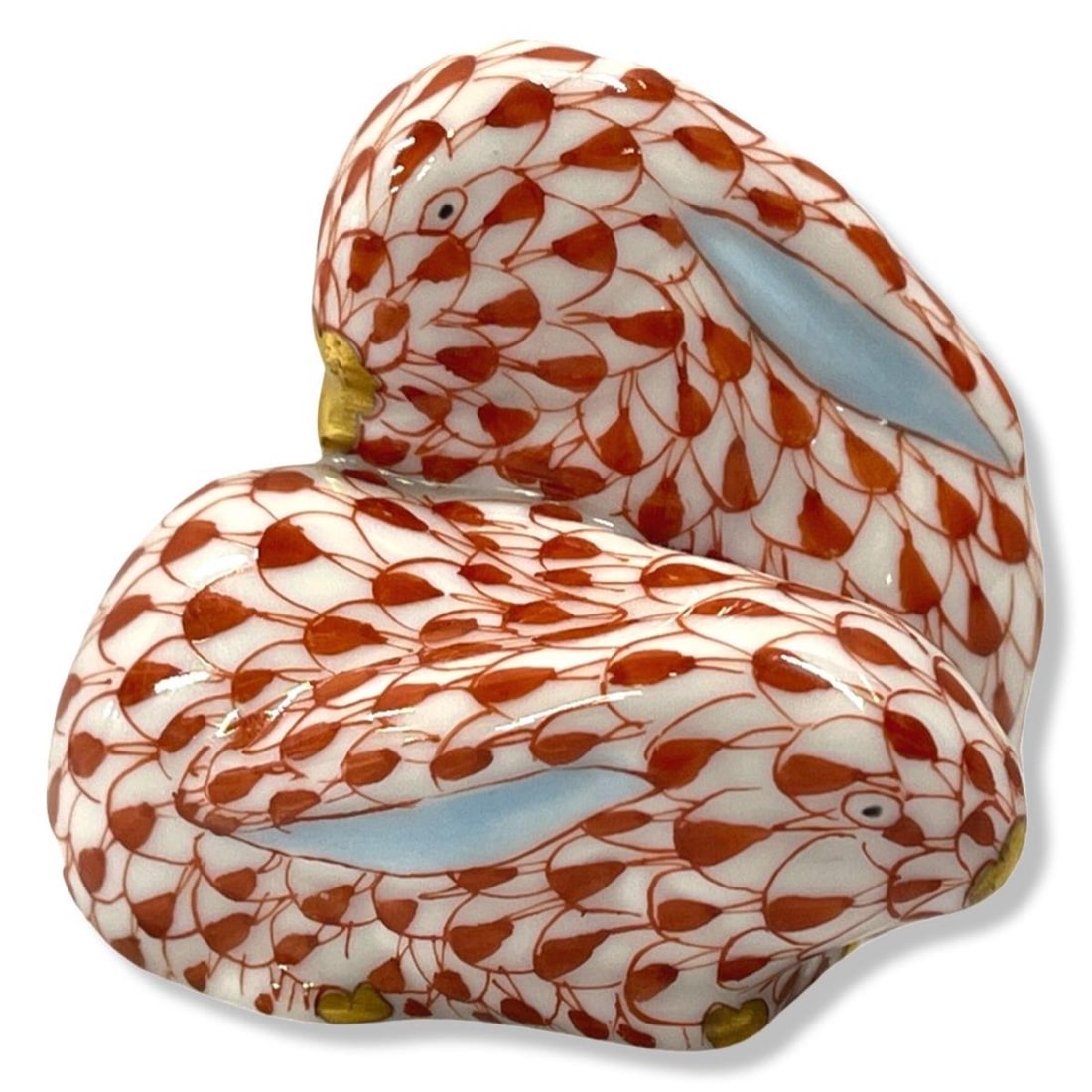 Miniature Herend Hand Painted Porcelain Fishnet of Two Rabbit Figurines (1 of 2)