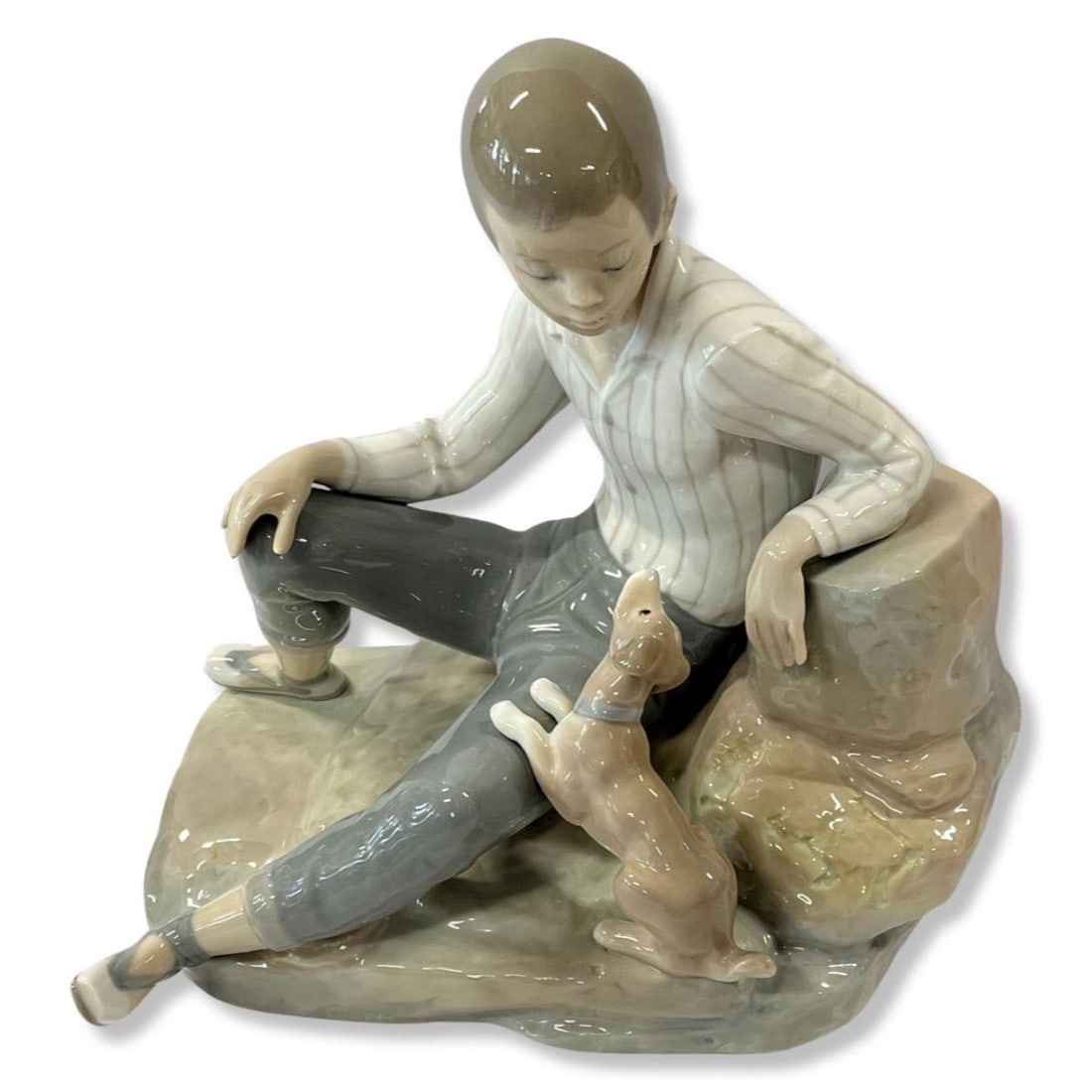 Lladro Porcelain Boy with Puppy Dog on Large Rock Figurines (1 of 2)