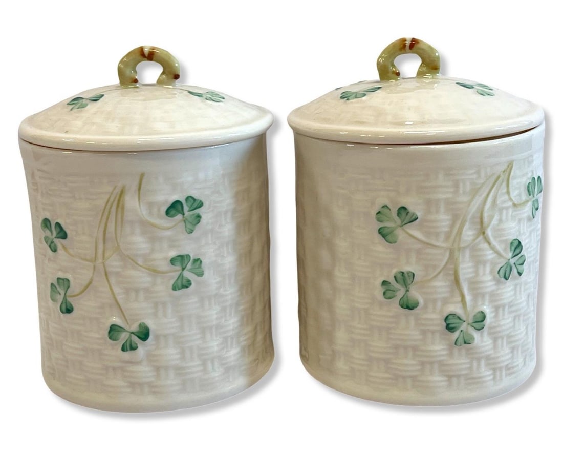 Pair of Irish Belleek Porcelain Shamrock Covered Jars (1 of 2)