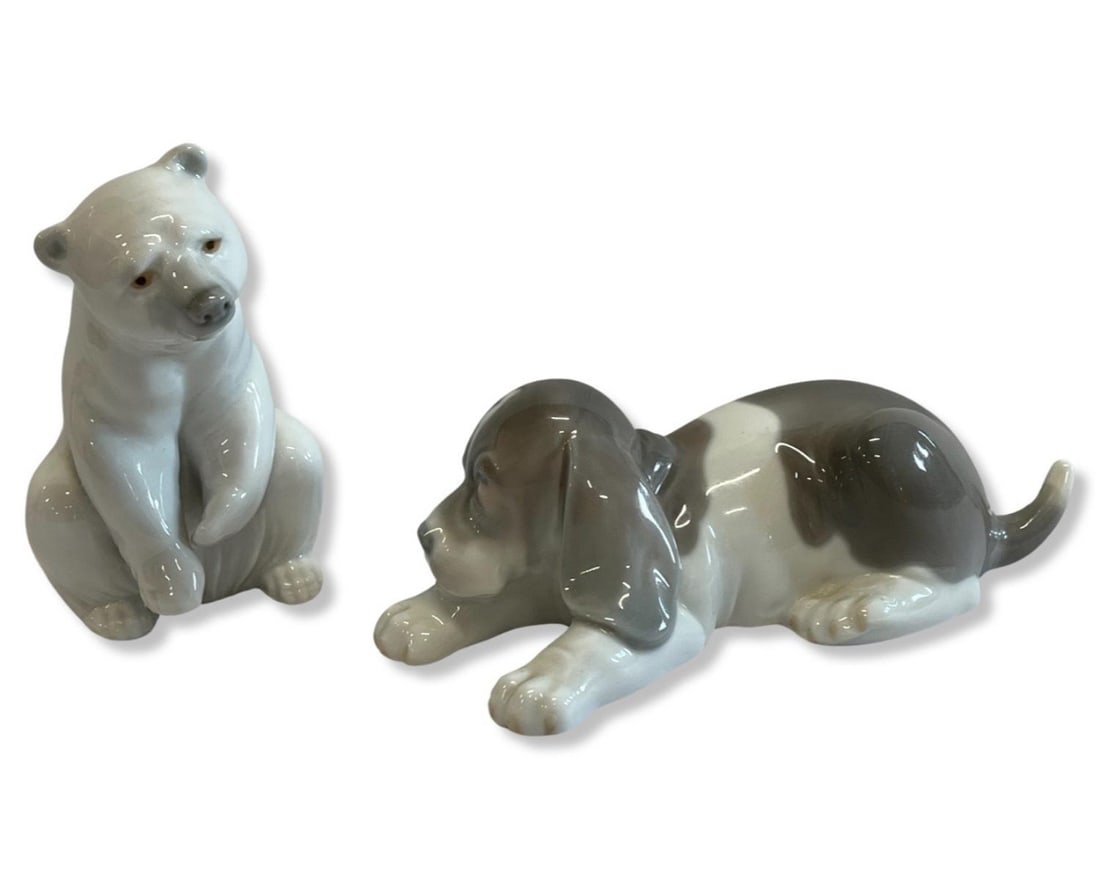 Pair of Lladro Porcelain Figurines: Pair of Lladro Porcelain Figurines includes sleepy puppy & polar bear. Largest measures H: 4"