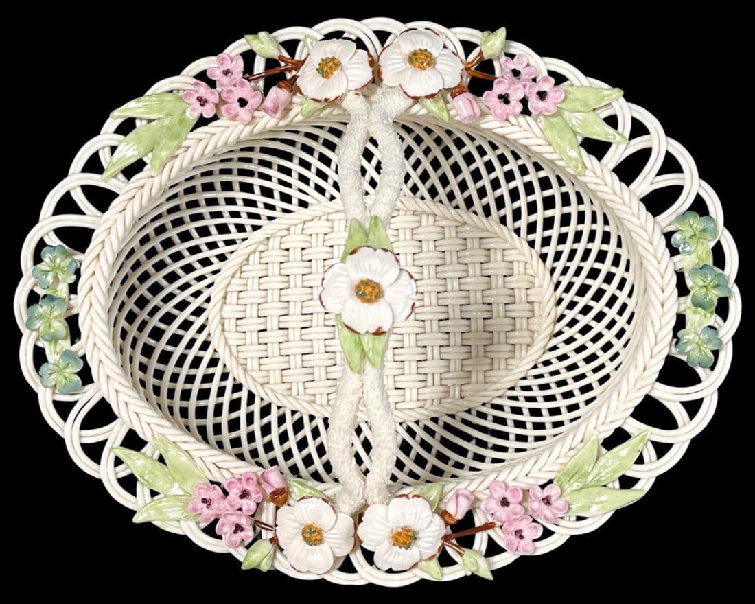 Irish Belleek Porcelain Henshall Twig Basket Marked Belleek R (1 of 2)