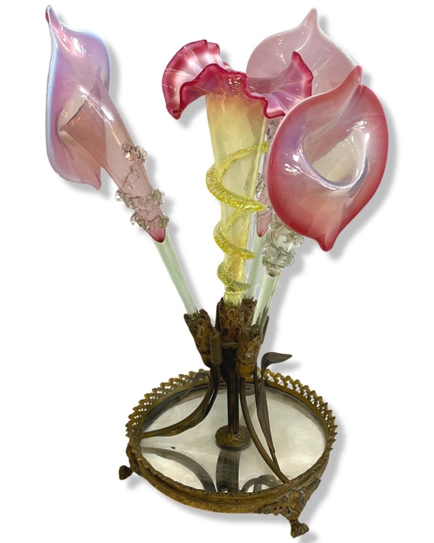 Victorian Glass & Brass Epergne: Victorian Glass & Brass Epergne measures H: 15 3/4". Missing a piece, sold as is