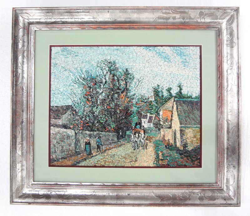Micro Mosaic "Route D'Ennery" After C.Pissarro: 20th century micro mosaic "The Diligence On The Road From Ennery To L'Hermitage Pontoise" after Camille Pissarro(1830-1903). Depicts a horse and carriage traveling on a village road. Measures 15 5/8"