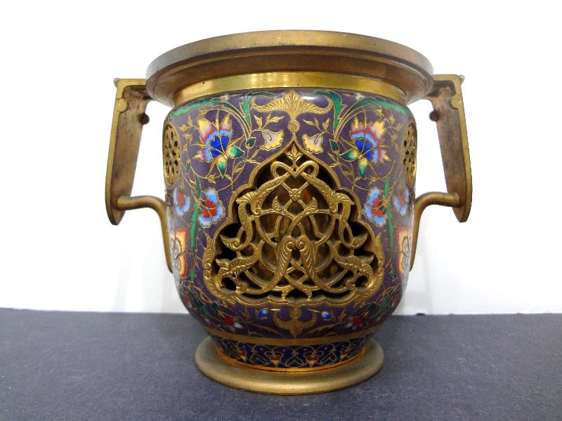 Antique French Champleve Two Handled Tazza: Antique French champleve reticulated 2 handled tazza. Measures 5 3/4" high x 7 3/8" handle to handle.