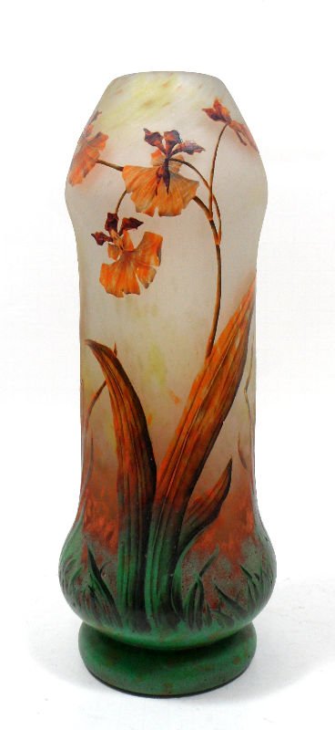 Daum Nancy Art Glass Vase: Rare Daum Nancy cameo vase, beautifully painted with delicate orange flowers which rise up from green on the bottom. Signed Daum Nancy at the top, measures 13.5 inches in height. For Domestic or Inter