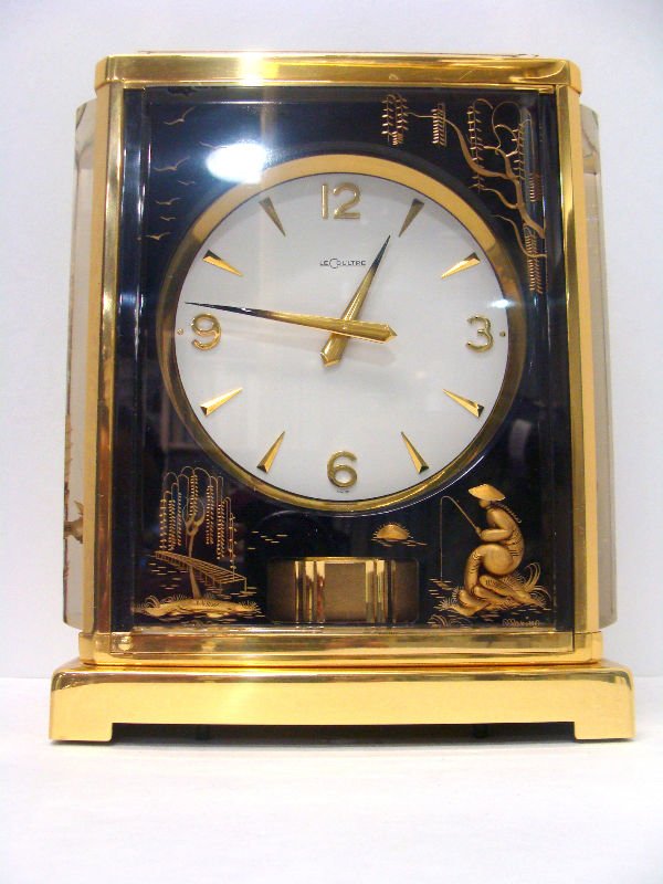 Rare Jaeger LeCoultre Atmos Clock: Rare Jaeger LeCoultre black Chinoiserie Marina model atmos clock. Measures 9" high x 7" wide x 5 3/8" depth. For Domestic or International Shipping Quotes Please Feel Call Ryan or Dave at Eagle Shippi