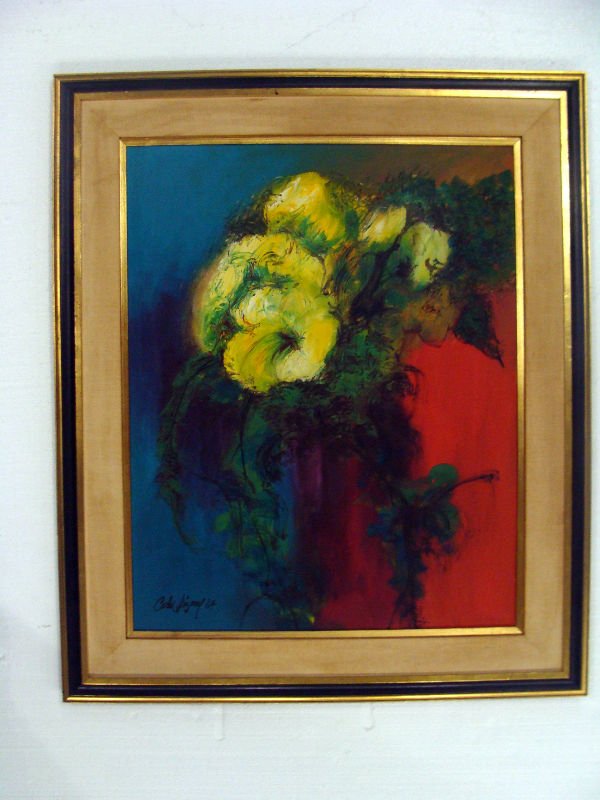 Carlos Irizarry(1938) Oil Painting On Canvas: Carlos Irizarry(Puerto Rican/American, Born 1938). Oil painting on canvas, still life in red, white and blue. Signed and dated 1964. Measures 30" x 24 1/8". 4 5/8" Matt and frame. For Domestic or Inte