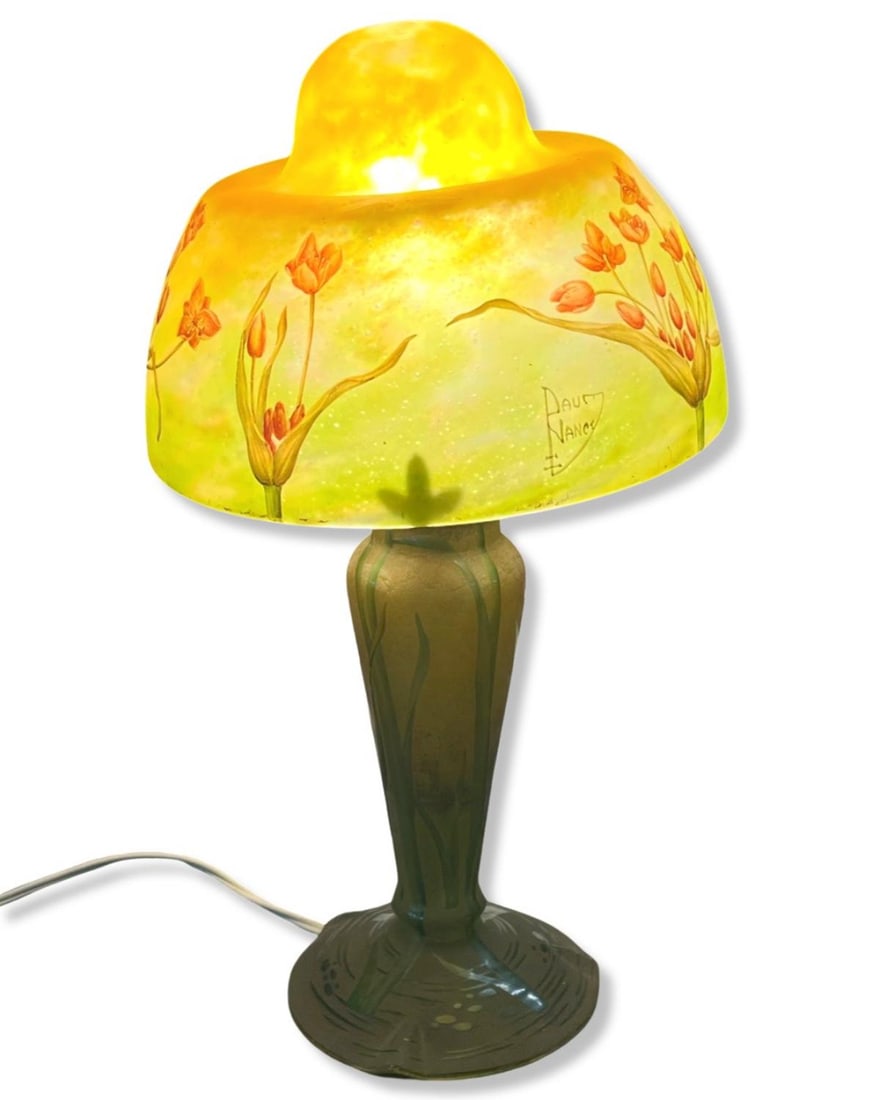 Signed Daum Nancy Cameo Glass Table Lamp Cameo Art Glass with a Floral Design (1 of 4)