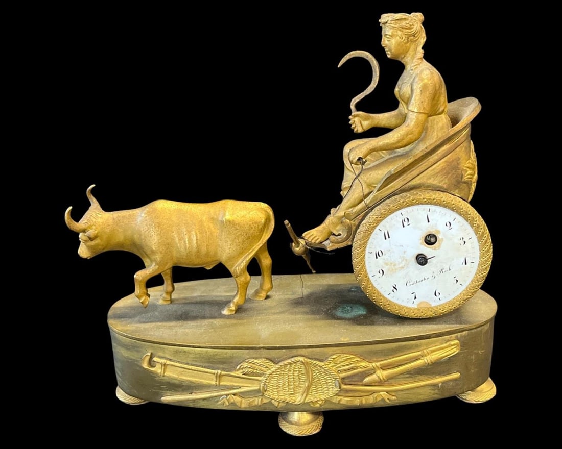 Antique French Empire Ormolu Mantel Clock Depicting Ceres on a Chariot, Pulled by a Bull (1 of 2)