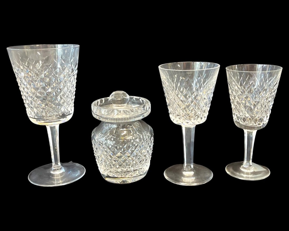 Lot of 16 Waterford Crystal Alana: Lot of 16 Waterford Crystal Alana includes 9 wine glasses, 6 water goblets & 1 sugar bowl. Largest measures H: 7"