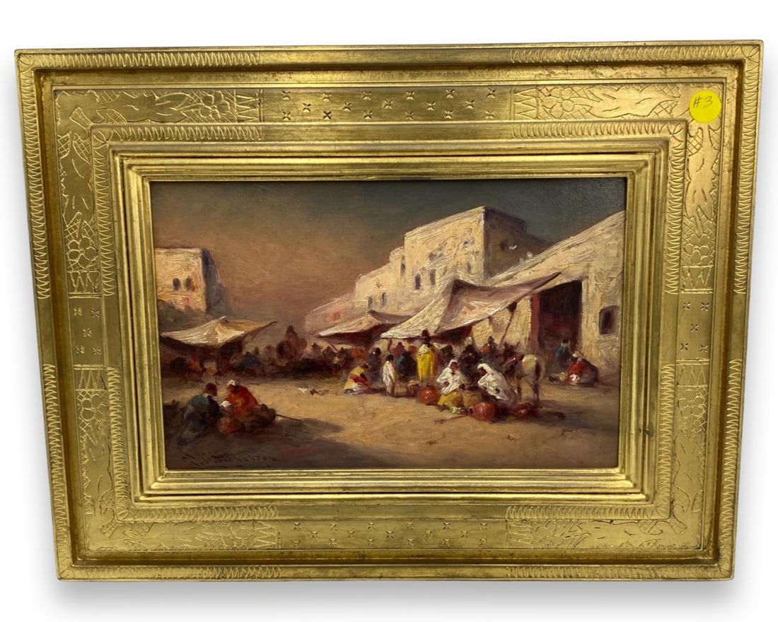 Signed Antique Orientalist Oil Painting on Board Arab Market (1 of 4)