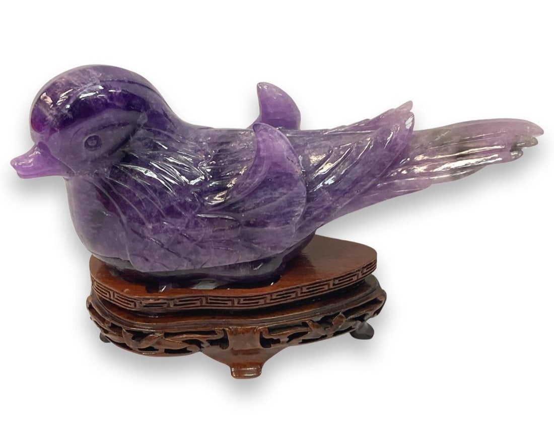 Chinese Carved Amethyst Bird Figure on Wood Base (1 of 3)
