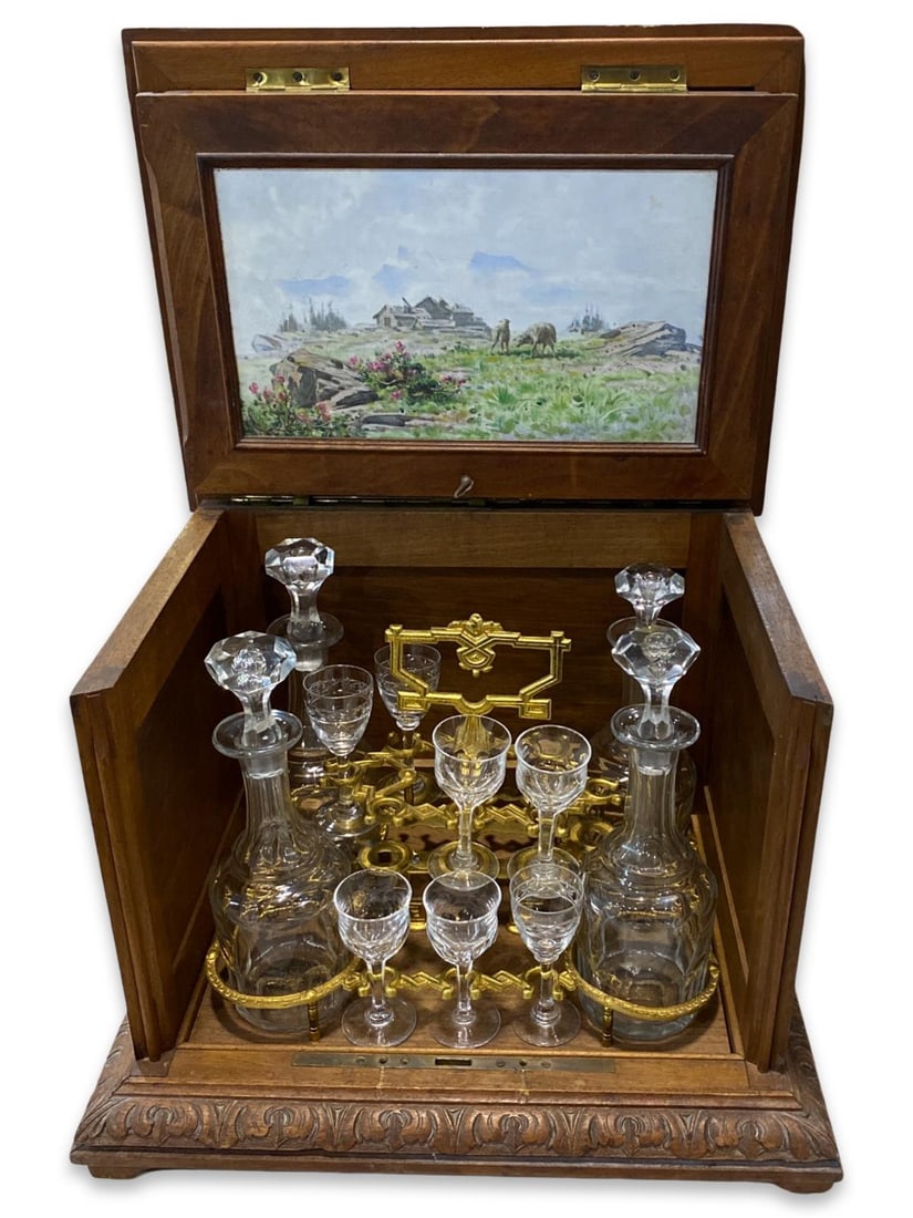 Antique Victorian Hand Carved Black Forest & Porcelain Box Tantalus Set (1 of 3)