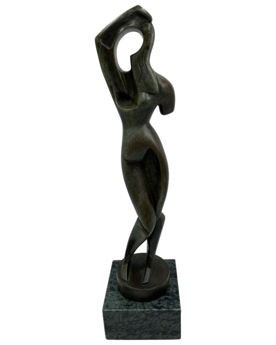 Signed Alexander Archipenko (1887-1964) After Bronze Figural Sculpture on Green Marble Base: Signed Alexander Archipenko (1887-1964) After Bronze Figural Sculpture on Green Marble Base. Ukrainian American bronze signed and dated 1915 measures H: 15"
