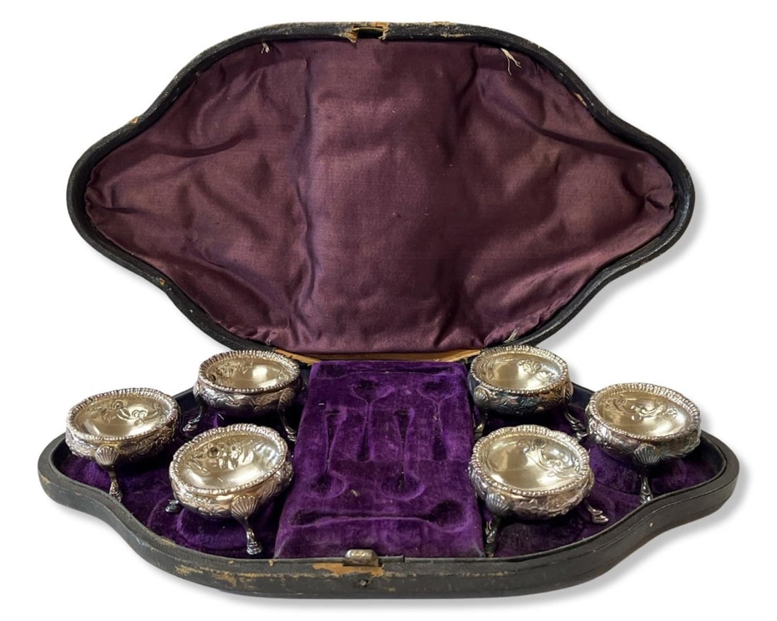 Lot of Six Victorian English Silver Plate Open Salt Cellars in Original Box (1 of 3)