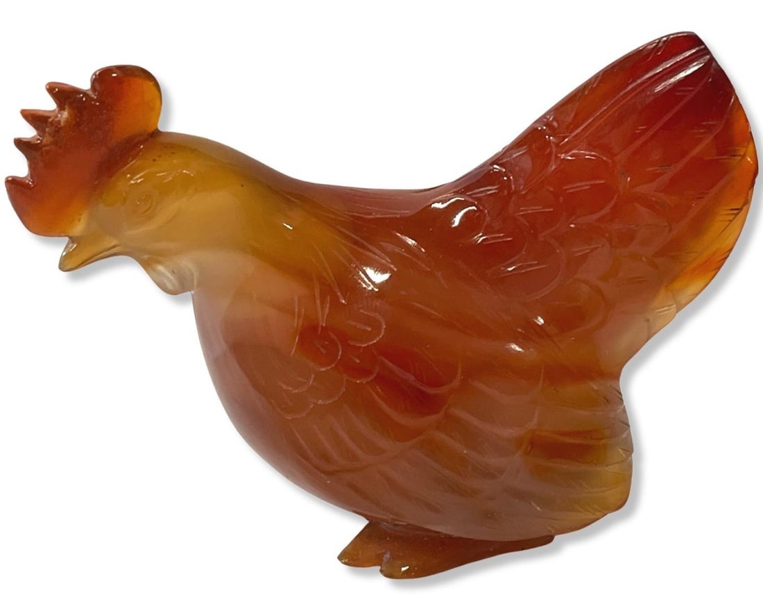 Chinese Carved Agate Carnelian Chicken Figurine: Chinese Carved Agate Carnelian Chicken Figurine measures H: 2 1/2" x L: 3 1/2"