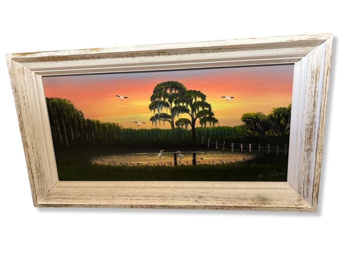 Signed Al Black Florida Highwaymen Oil Painting on Board Sunset on Swamp (1 of 3)