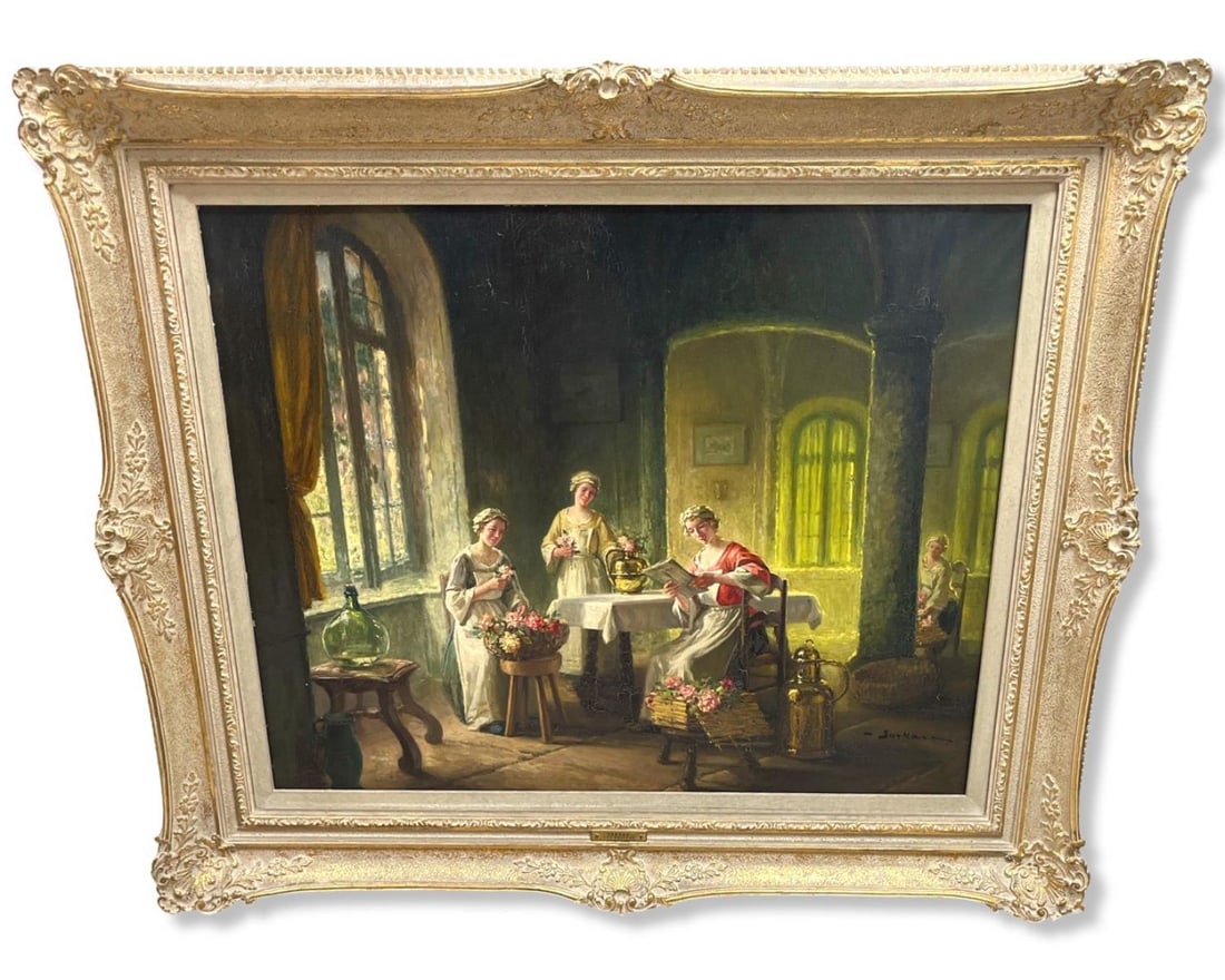 Signed Albert Sorkau (French, 1874-1953) Oil Painting on Canvas The Holiday: Signed Albert Sorkau (French, 1874-1953) Oil Painting on Canvas The Holiday measures H: 23" x W: 28 1/4", 5" frame & matte