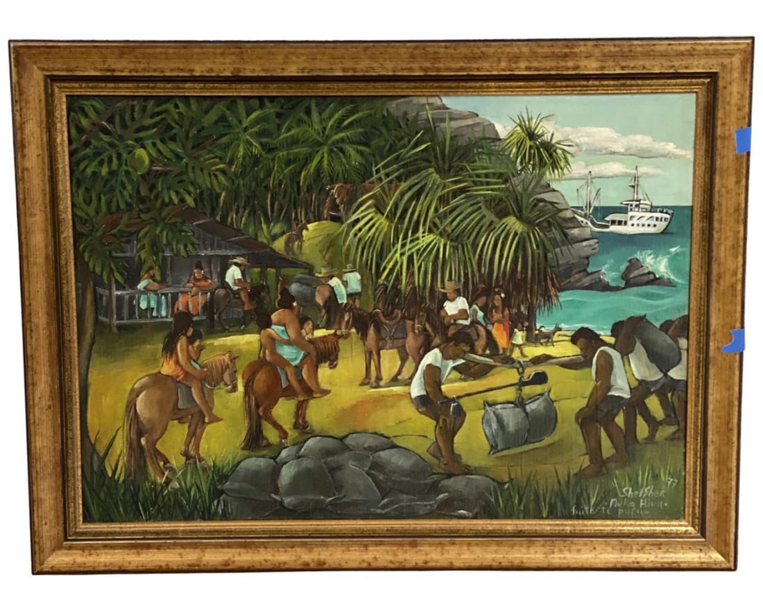 Jean Shelsher (English b. 1940) Oil Painting on Panel Board Nuka Hiva Marquasas Island 1977 French (1 of 2)