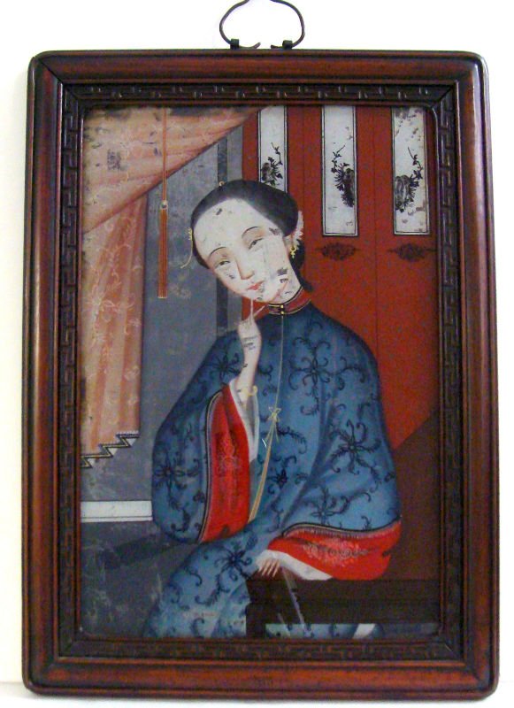 Antique Chinese Reverse Mirror Painting: Antique Chinese reverse mirror painting on glass. Depicts a woman seated by a window. Paperwork on back states: Direct Importation from Peaking, North China, is of authentic Chien Lung(1736-1835) orig