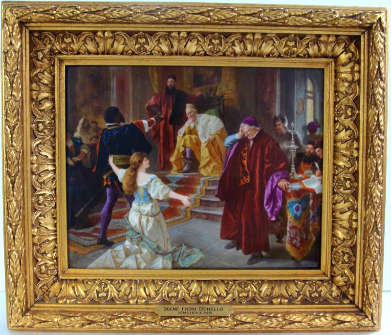 KPM Quality Porcelain Plaque: KPM quality porcelain plaque depicting figures pleading in front of a king in a palace, titled "Scene From Othello". Signed lower right "Knoeller". In gilt molded wood frame. Has plaque with title and