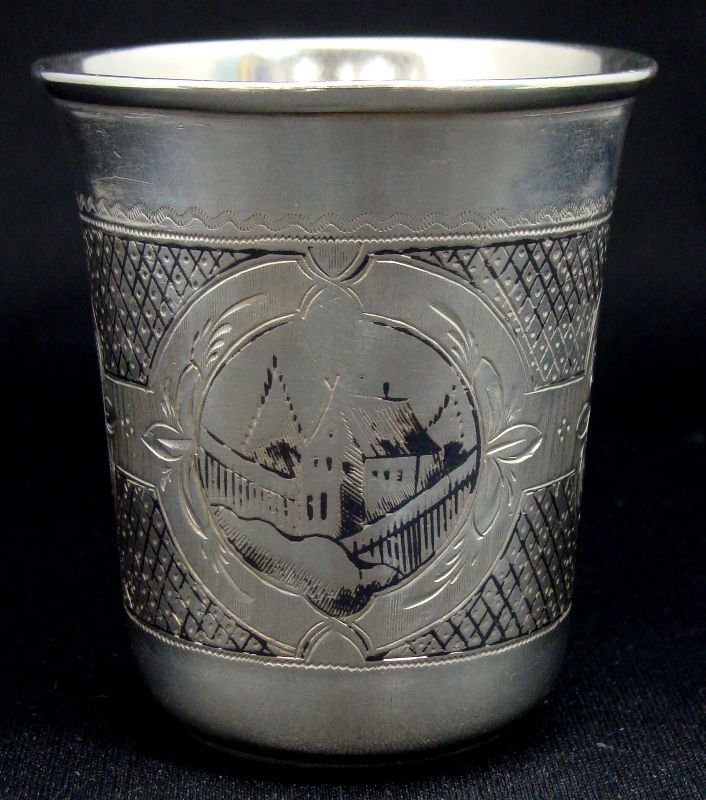 Antique 1868 Russian Silver Niello Vodka Cup: Russian silver Niello vodka cup. Hallmarks on bottom "A&C-11868-84-and the marking for A.Syechin". Measures 2 1/2" high x 2 5/8" diameter. For Domestic or International Shipping Quotes Please Feel Cal