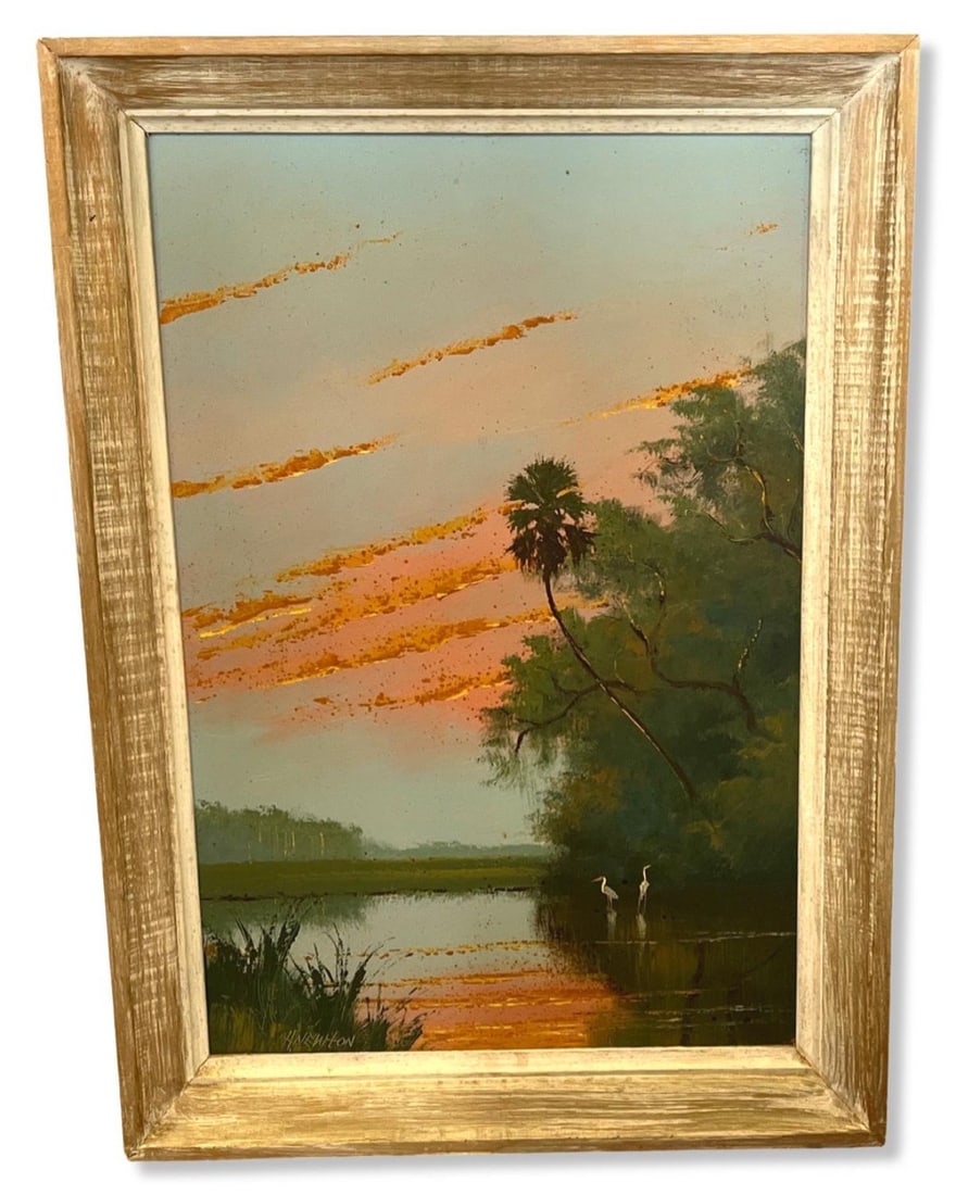 Signed Harold Newton (American, 1934-1994) Florida Highwaymen Painting on Masonite Fire Sky (1 of 4)