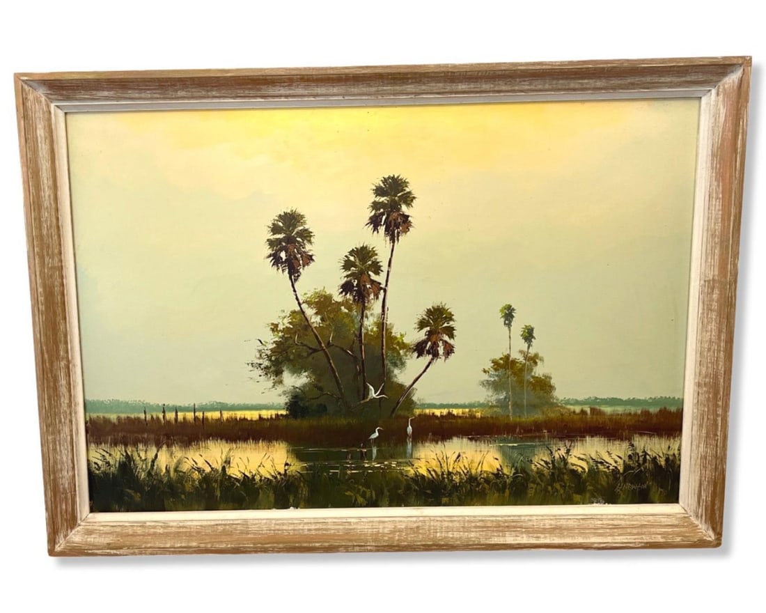 Signed Harold Newton (American, 1934-1994) Florida Highwaymen Oil Painting on Upson Board Backwoods (1 of 4)